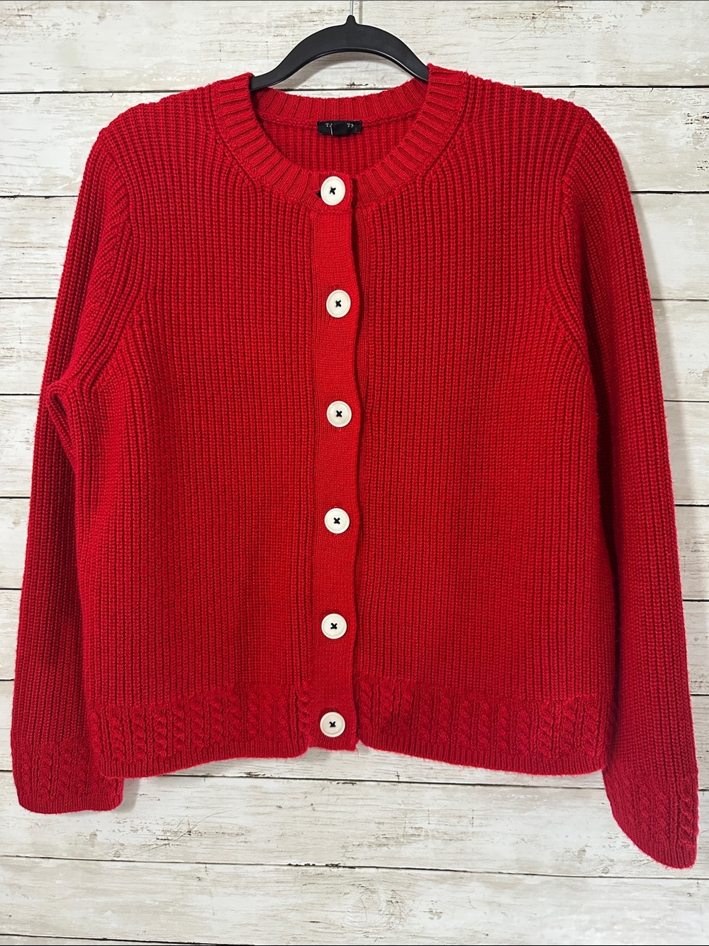 Talbots Petite Shaker Stitch Crewneck Cardigan Red Large Petite